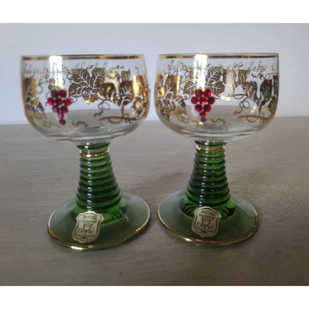 Set 2 Wittig Romer German Green Beehive Stem Gold Grapevine Cordial Glasses 4”